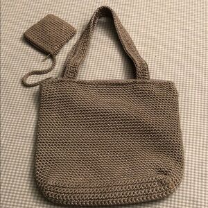 Knit Crochet Taupe Tote Bag Attached Coin Pouch Zip Top, Pocket & Pouch #859